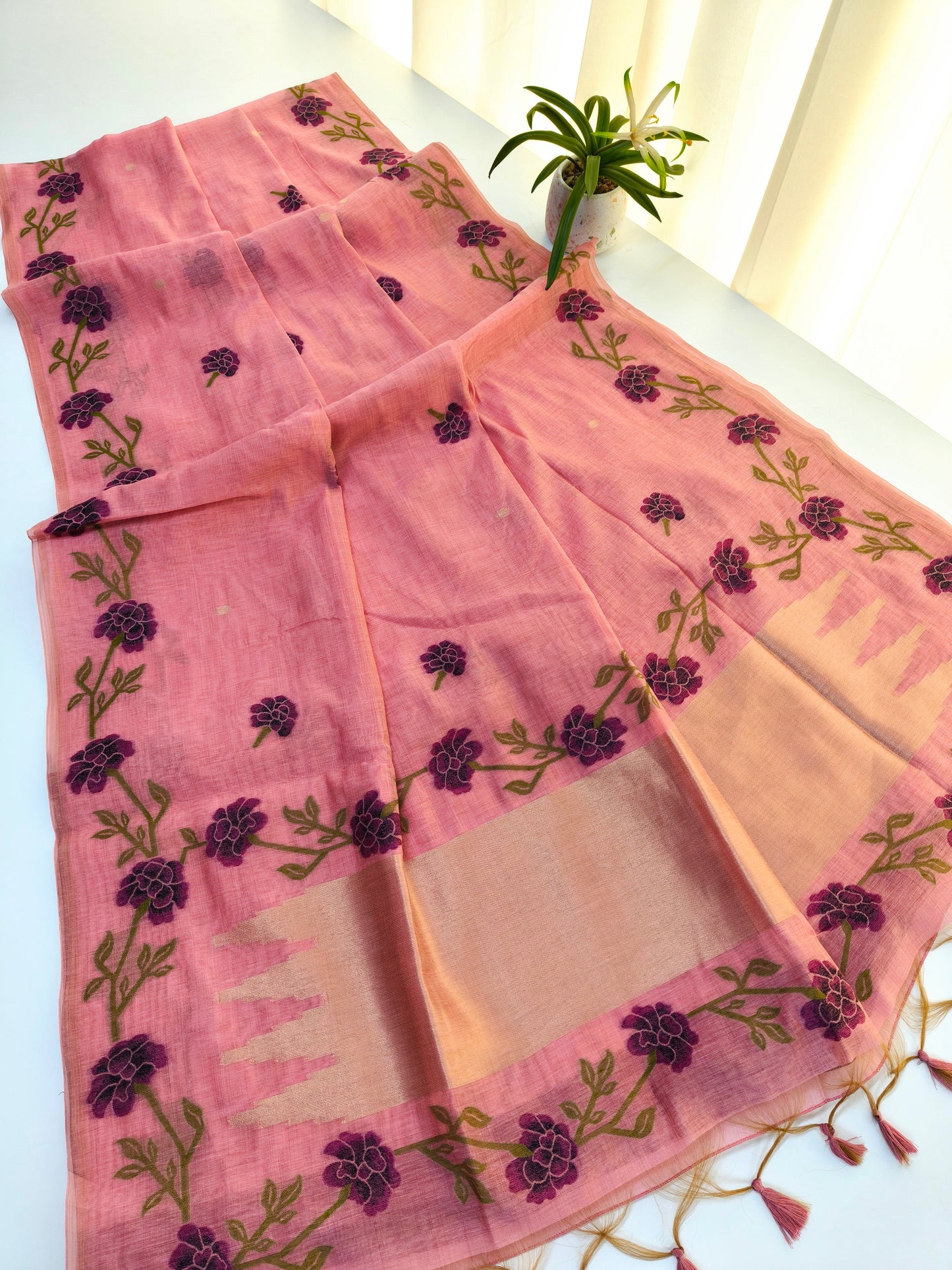 Pink Muga Cotton Saree | Floral Motif | Golden Zari Border | Ethnic Wear