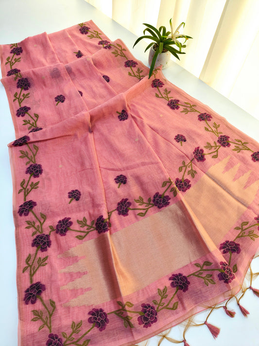 Pink Muga Cotton Saree | Floral Motif | Golden Zari Border | Ethnic Wear