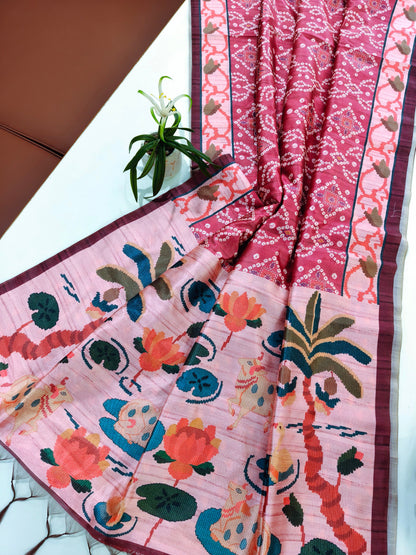 Kalamkari Printed Silk Blend Saree with Bandhani Pallu-PINK