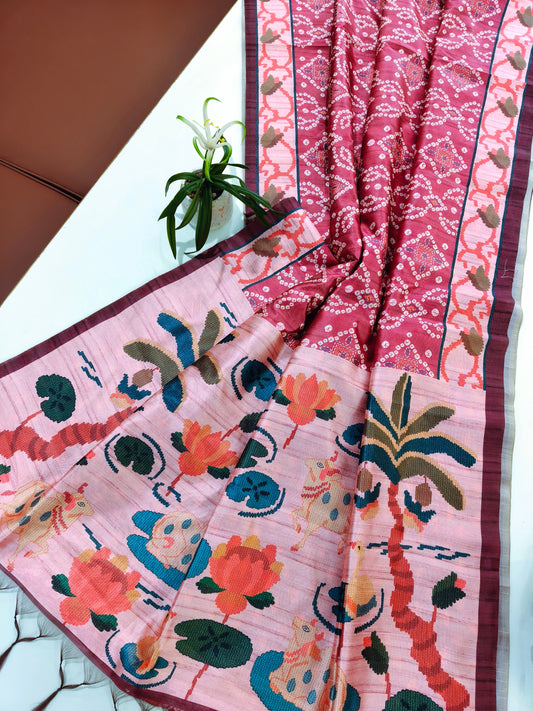 Kalamkari Printed Silk Blend Saree with Bandhani Pallu-PINK