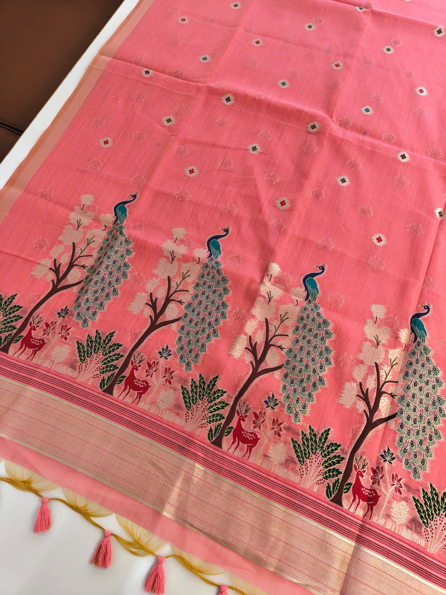 Soft Muga Cotton Maheswari Pattern Saree - Pink