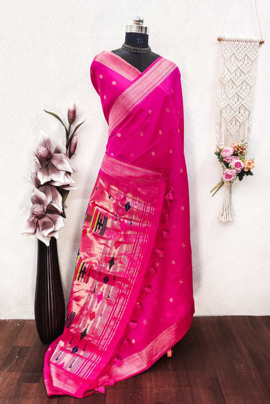 Khadi Raw Silk Saree with Traditional Woven Border & Multicolor Motifs -PINK