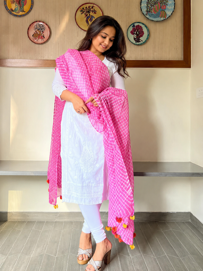 Classic Leheriya Pattern kota Cotton Dupatta-PINK