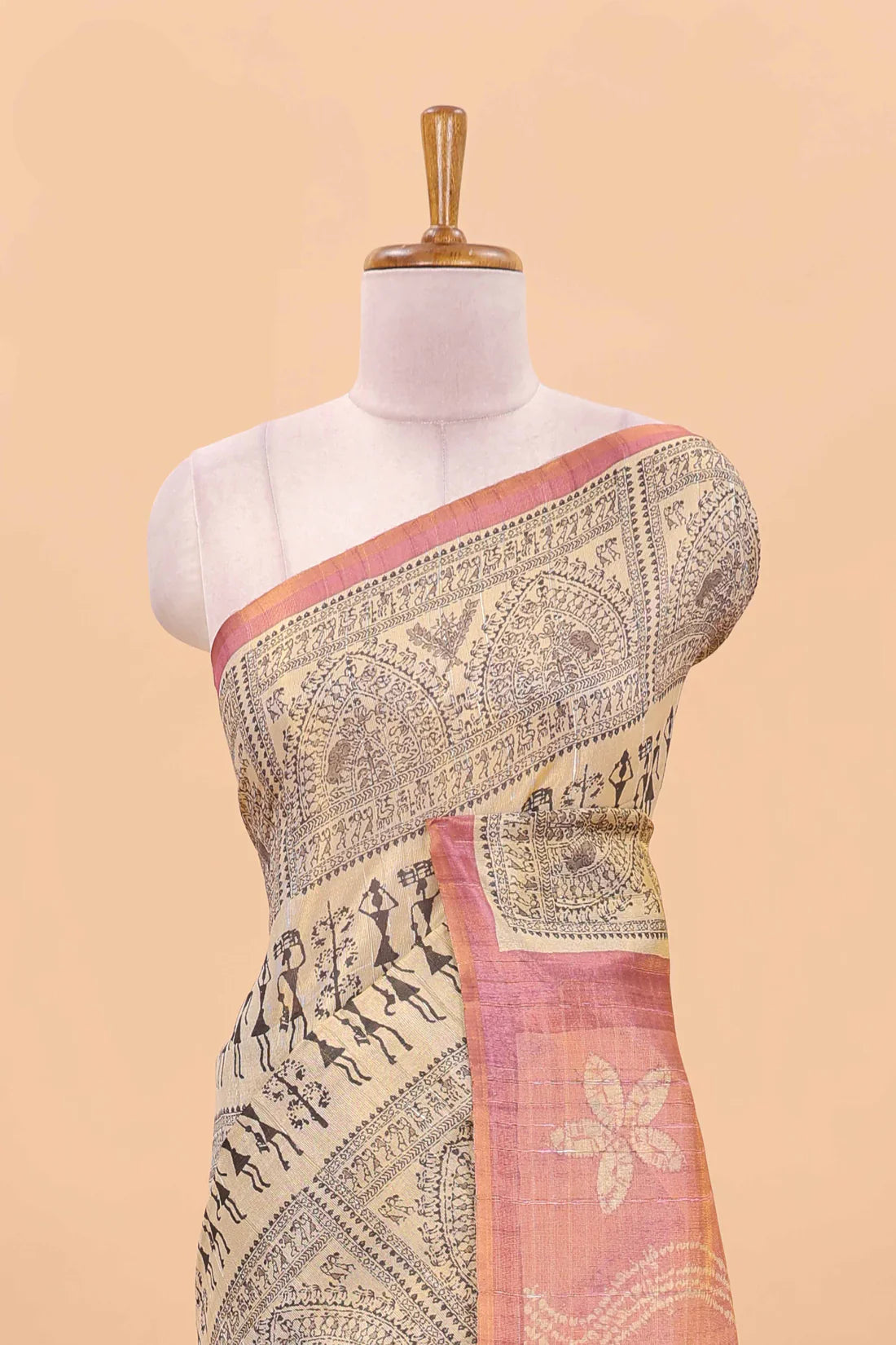 Tissue Tussar Zari Saree With Print Warli -  PINK-YELLOW