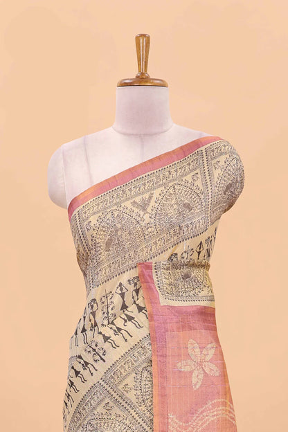 Tissue Tussar Zari Saree With Print Warli -  PINK-YELLOW