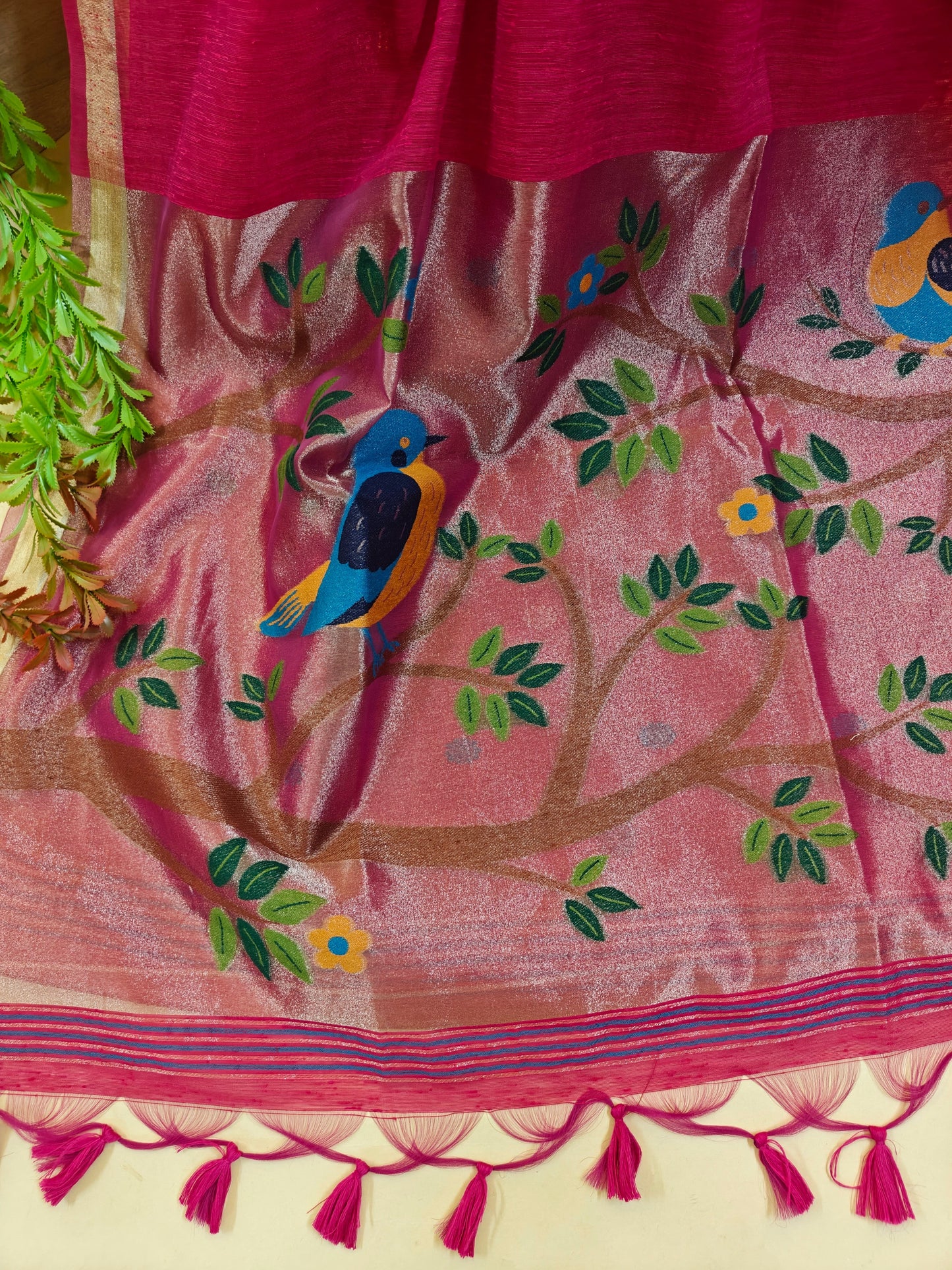Pure Linen Saree With Zari Bird & Floral Pallu - PINK