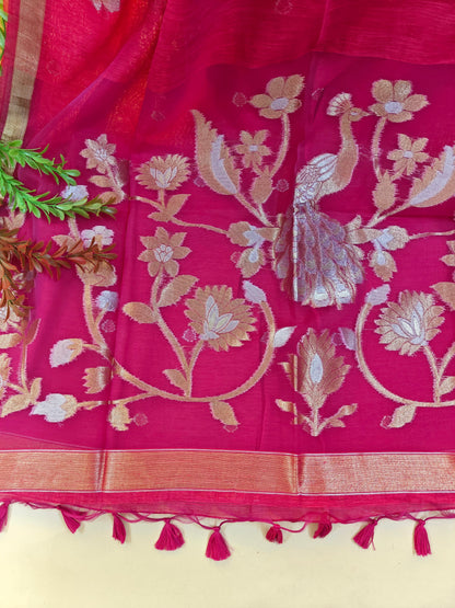 Pure Linen Saree with Antique Gold Floral & Peacock Zari Border - PINK