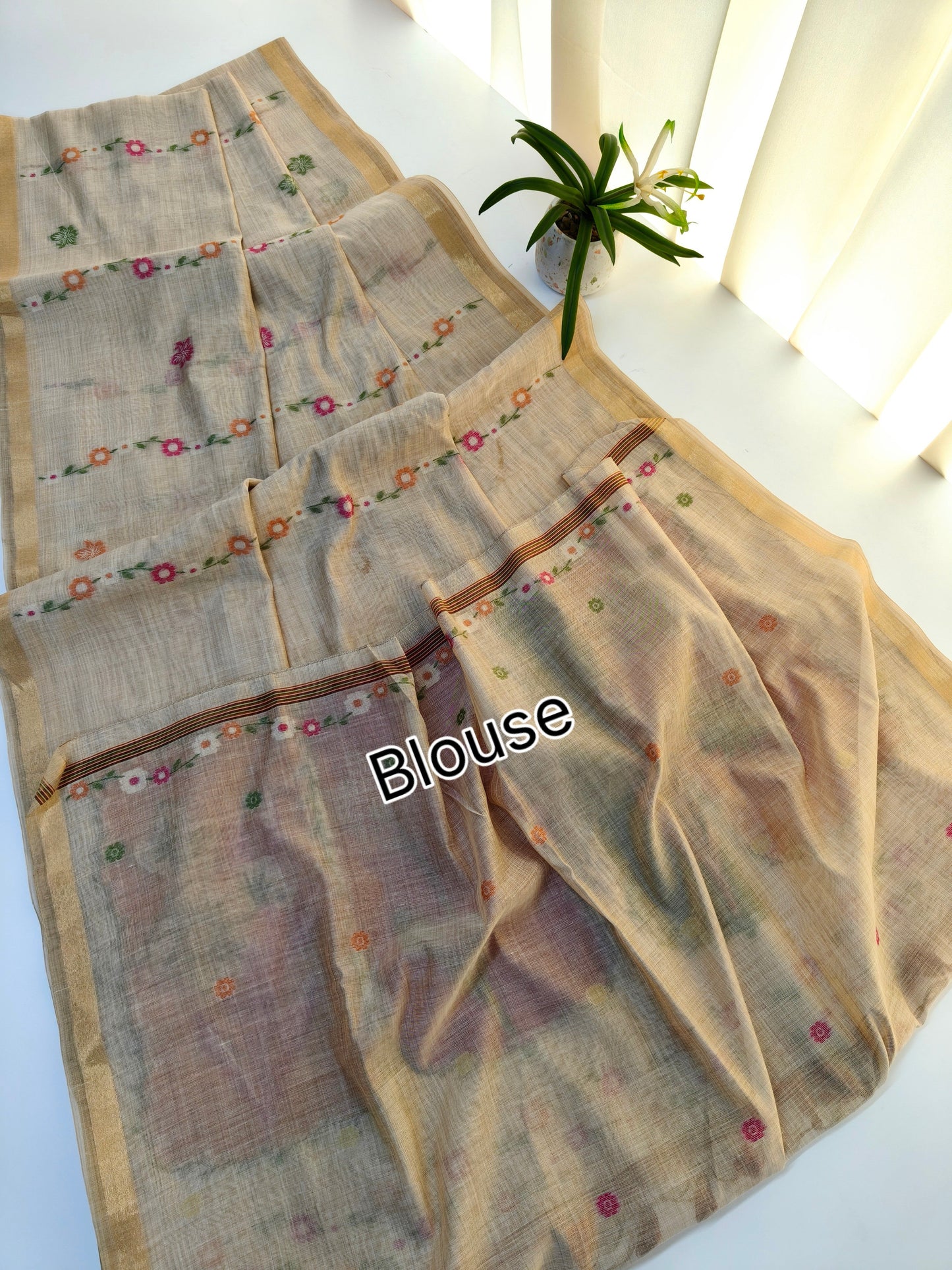 Muga Cotton Saree – Artistic Floral Panel Design -PINK