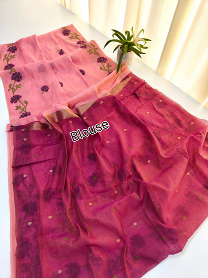 Pink Muga Cotton Saree | Floral Motif | Golden Zari Border | Ethnic Wear