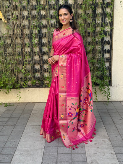 Khadi Raw Silk Saree | Traditional Floral & Parrot Design | Elegant Ethnic Saree - PINK