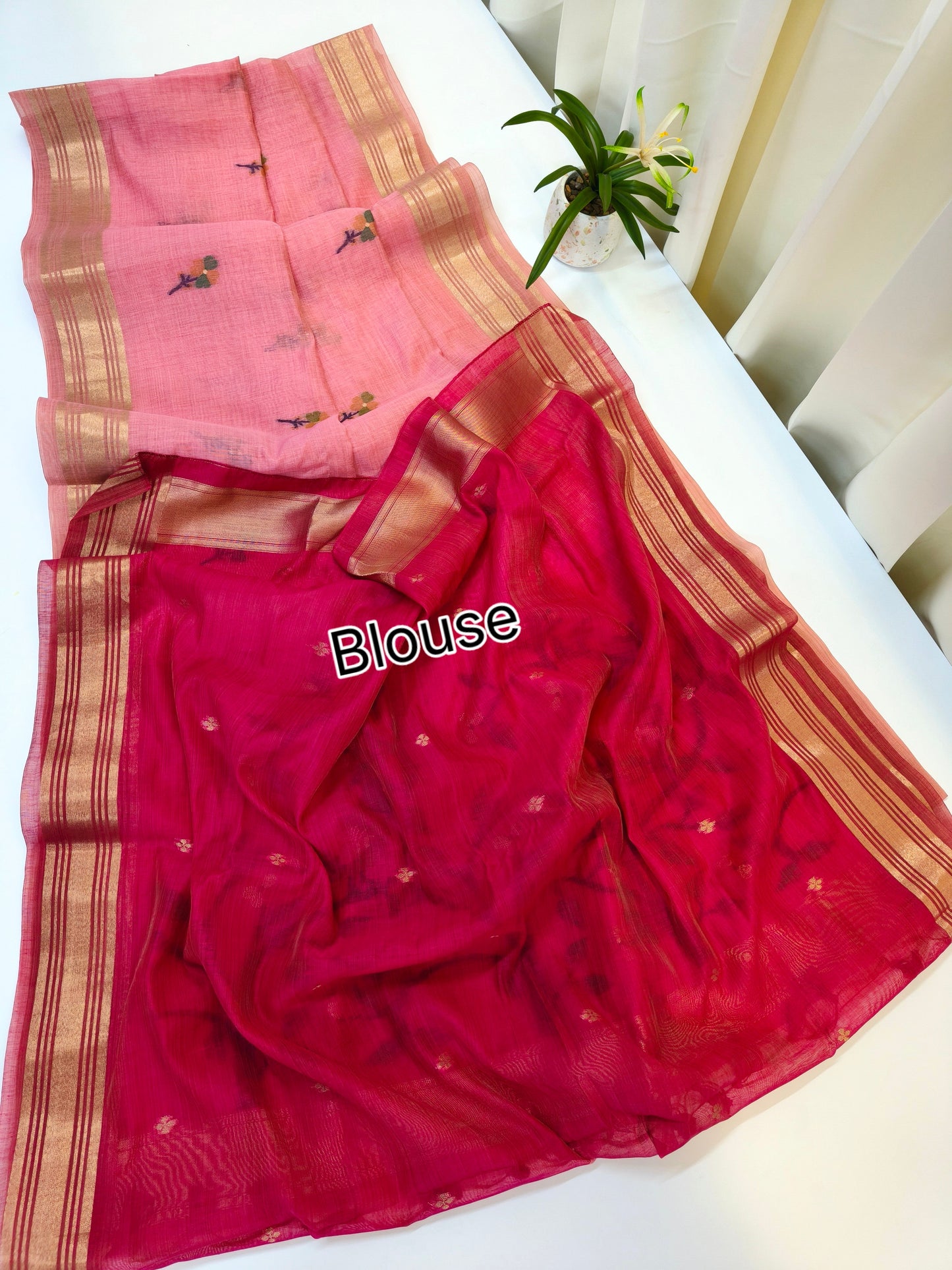 Muga Cotton Saree with Bird Motif With Contrast Blouse -PINK