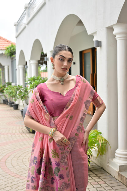 Premium Chanderi Cotton Handloom Saree- PINK