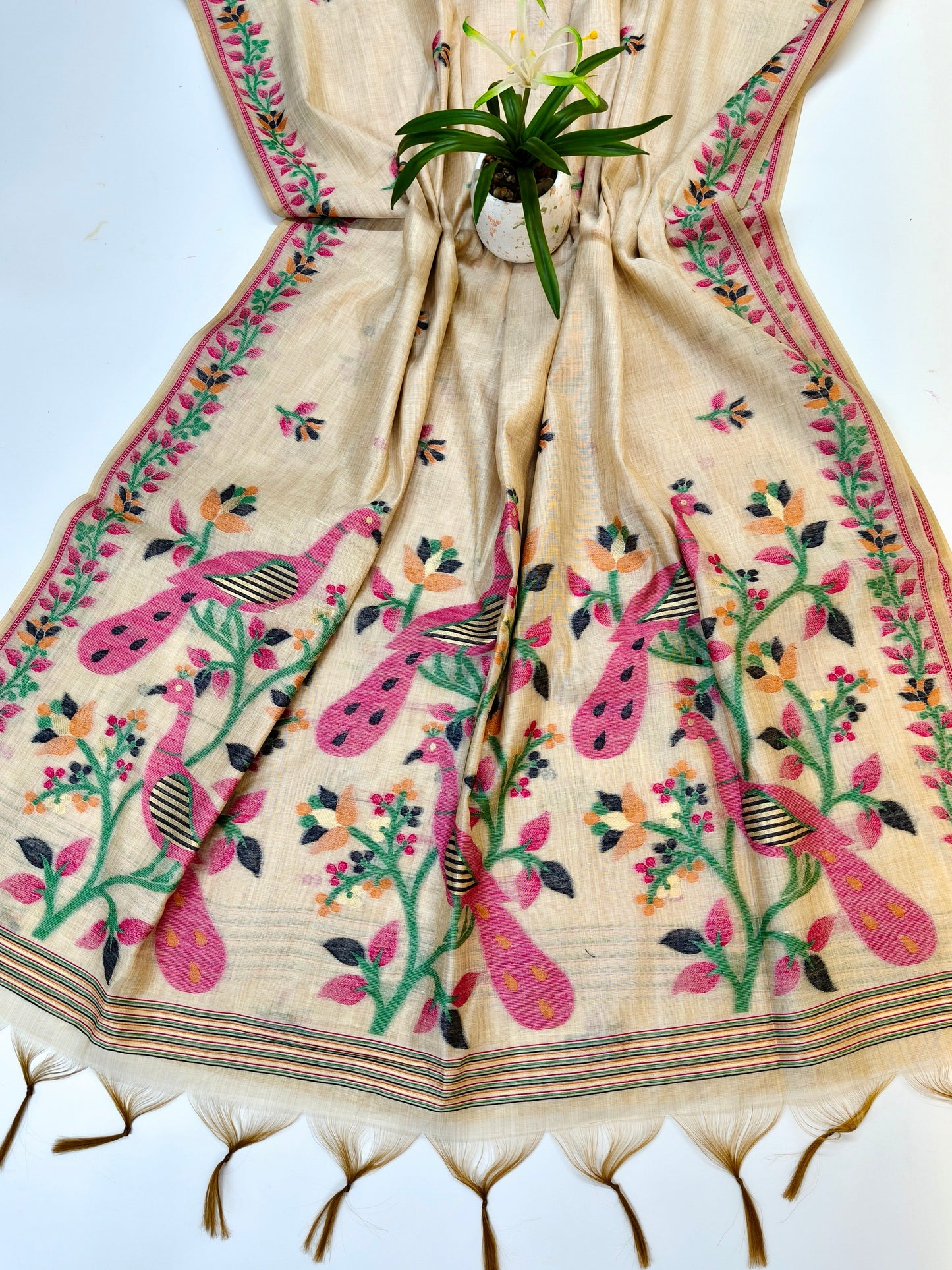 Signature Muga Cotton Saree with Peacock Inspired Pallu - PINK