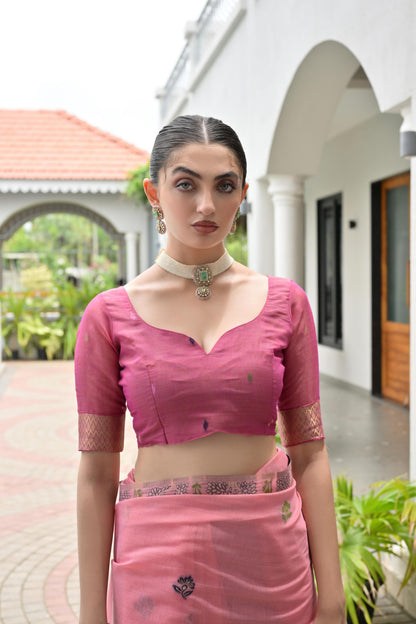 Premium Chanderi Cotton Handloom Saree- PINK