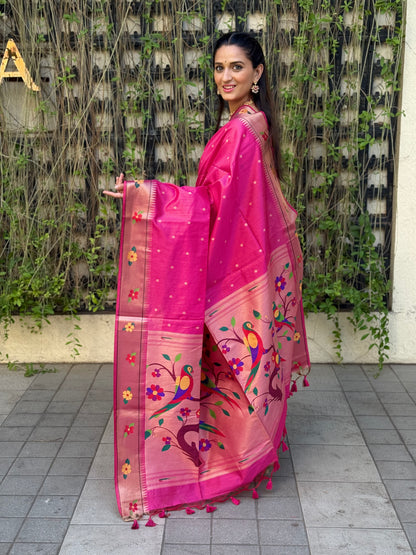 Khadi Raw Silk Saree | Traditional Floral & Parrot Design | Elegant Ethnic Saree - PINK
