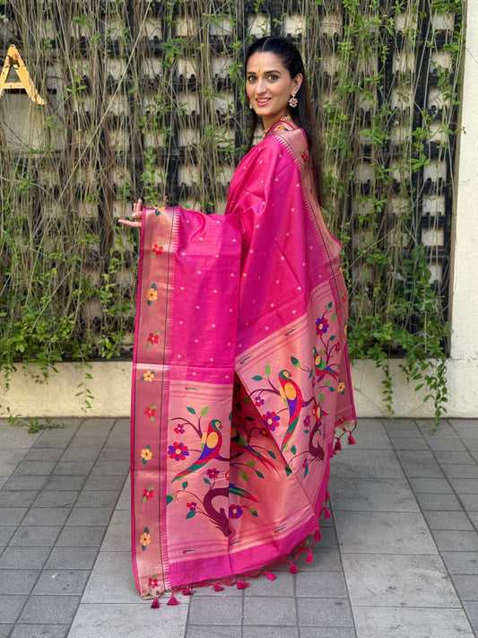 Khadi Raw Silk Saree | Traditional Floral & Parrot Design | Elegant Ethnic Saree - PINK