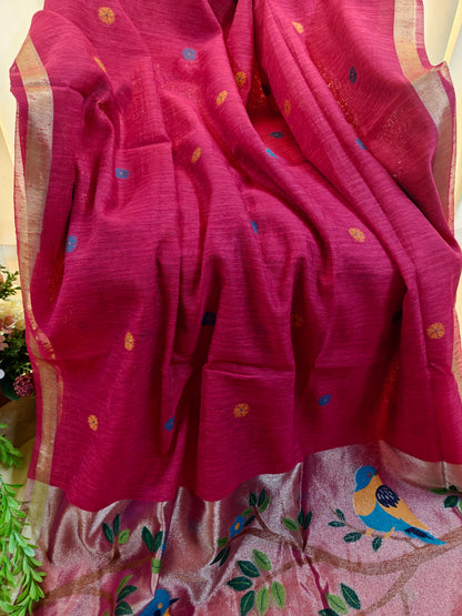 Pure Linen Saree With Zari Bird & Floral Pallu - PINK