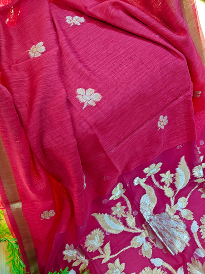 Pure Linen Saree with Antique Gold Floral & Peacock Zari Border - PINK