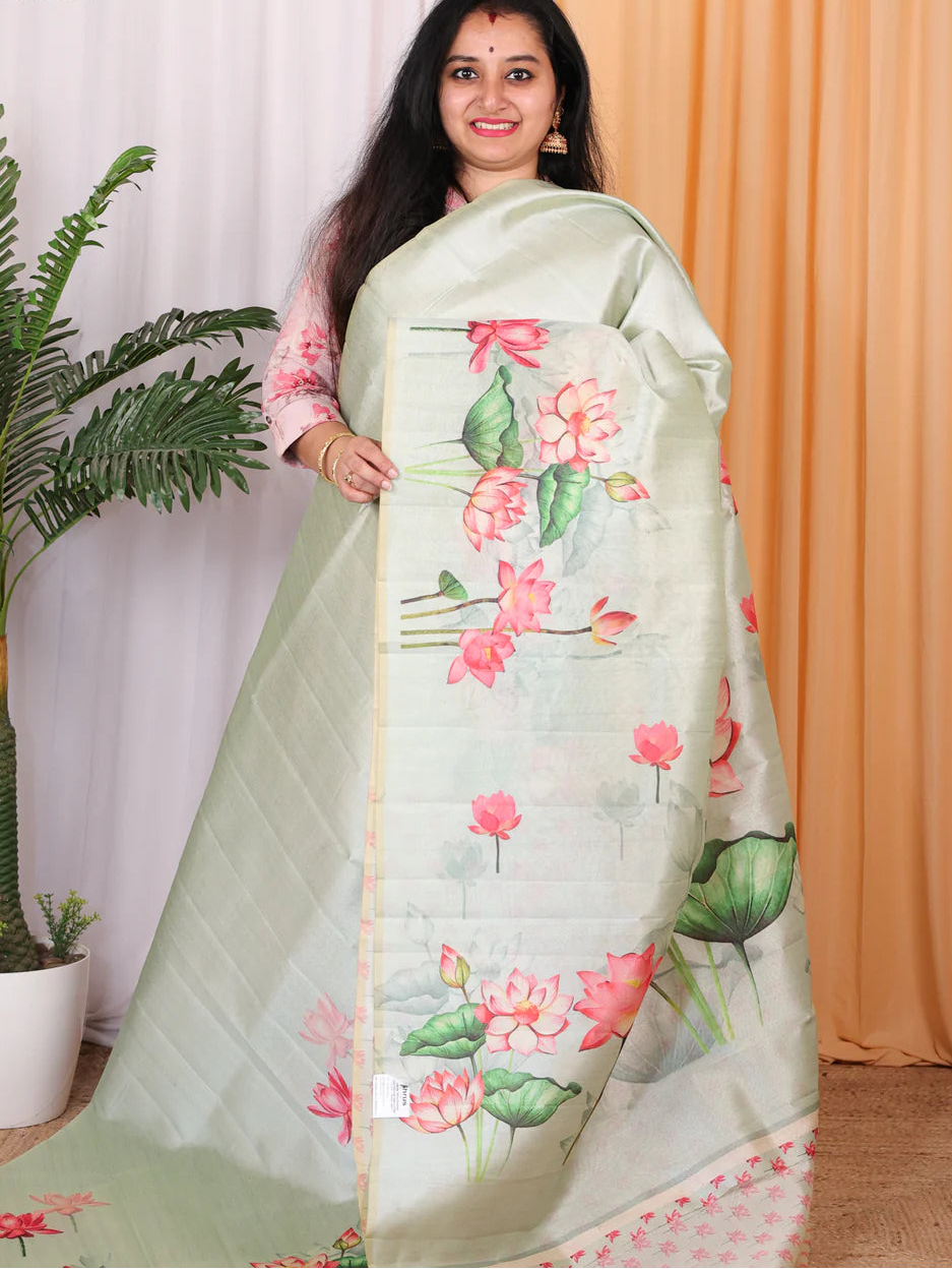 Premium Lotus Print Tussar Silk Saree - PISTA