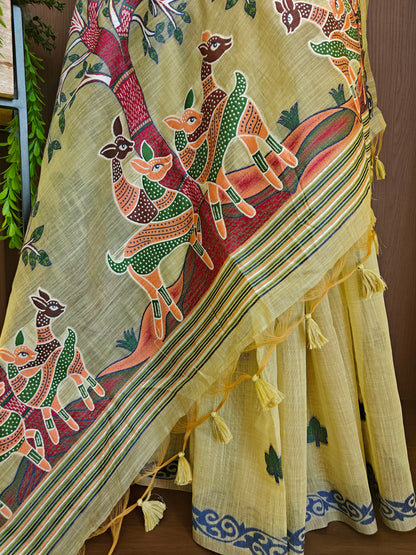 Classic Muga Cotton Saree with Unstitched Blouse and Artistic Border-PISTA