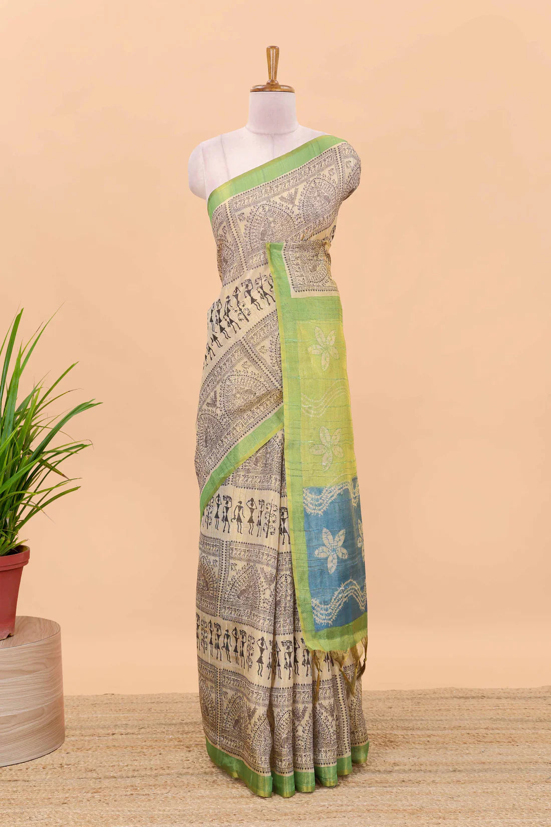 Tissue Tussar Zari Saree With Print Warli - MAHENDI-BLUE