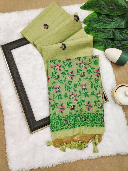 Elegant Chanderi Cotton Saree with All-Over Floral Weaving- PISTA