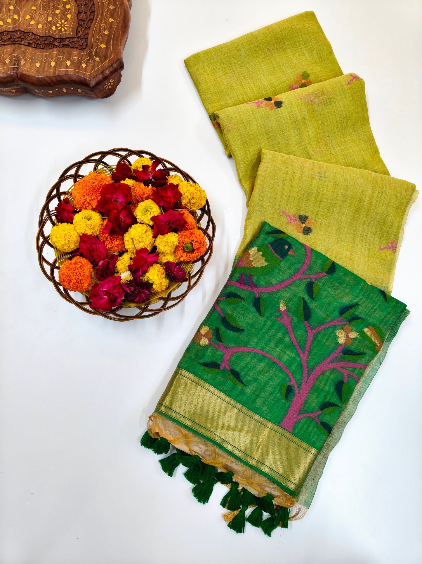 Muga Cotton Saree with Bird Motif With Contrast Blouse -PISTA