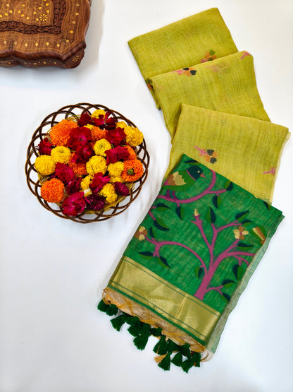 Muga Cotton Saree with Bird Motif With Contrast Blouse -PISTA