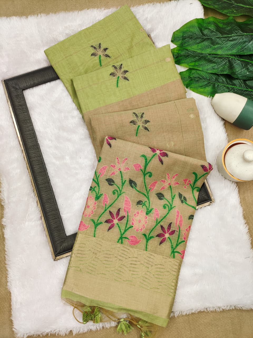 Soft Chanderi Cotton Saree with Intricate Floral Weaving- PISTA