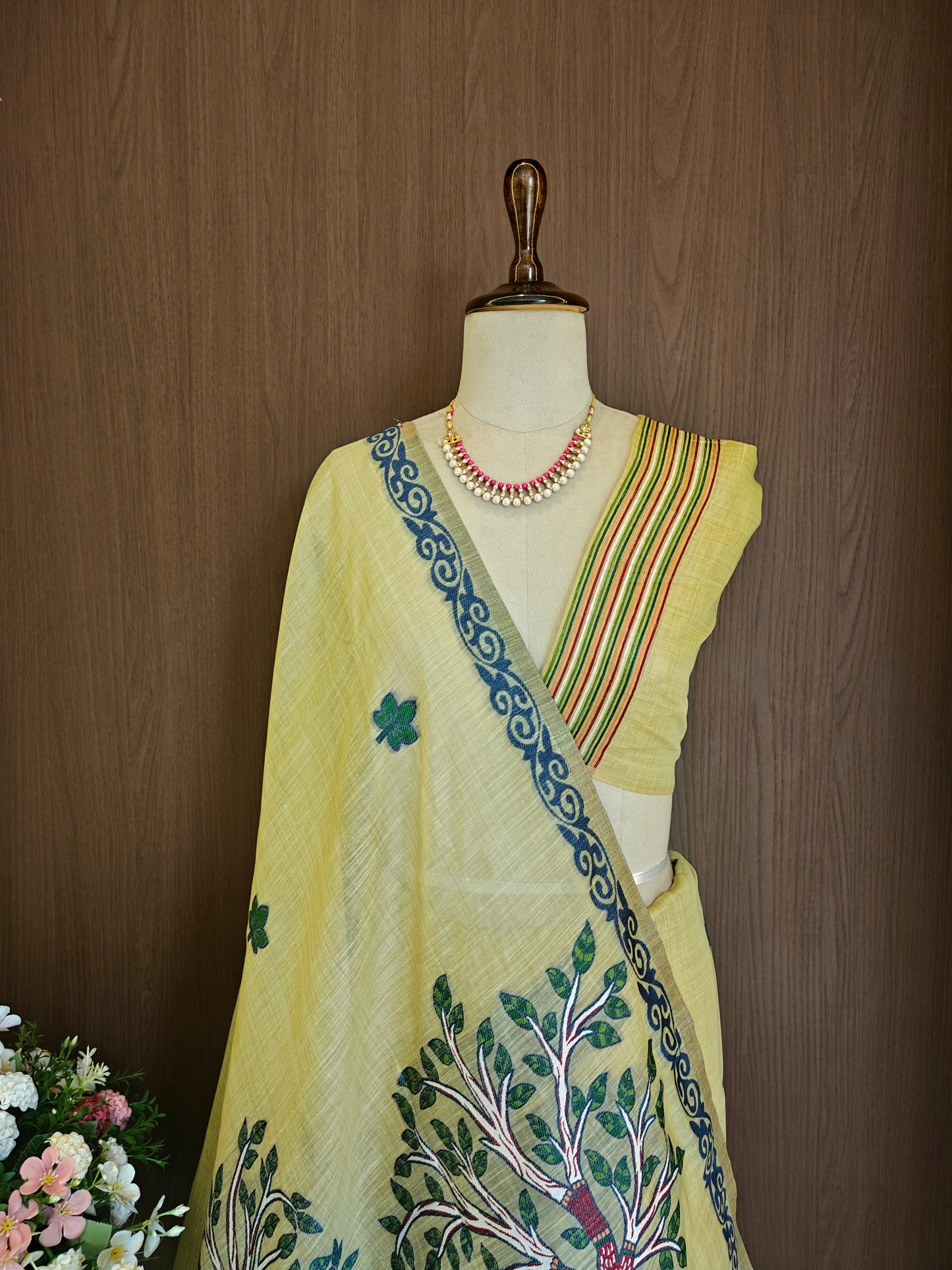 Classic Muga Cotton Saree with Unstitched Blouse and Artistic Border-PISTA