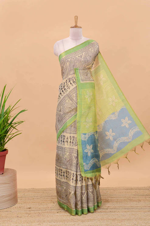 Tissue Tussar Zari Saree With Print Warli - MAHENDI-BLUE