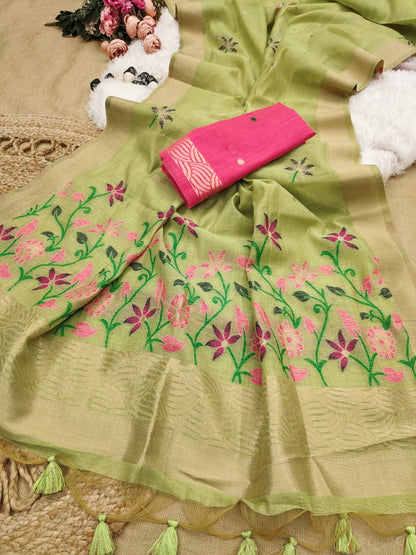 Soft Chanderi Cotton Saree with Intricate Floral Weaving- PISTA