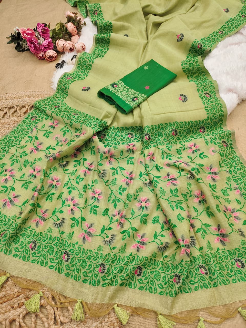 Elegant Chanderi Cotton Saree with All-Over Floral Weaving- PISTA
