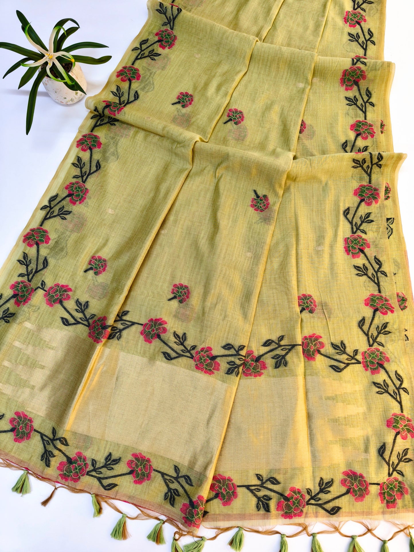 Pista Muga Cotton Saree | Floral Motif | Golden Zari Border | Ethnic Wear