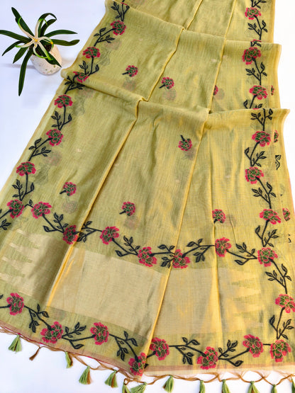 Pista Muga Cotton Saree | Floral Motif | Golden Zari Border | Ethnic Wear