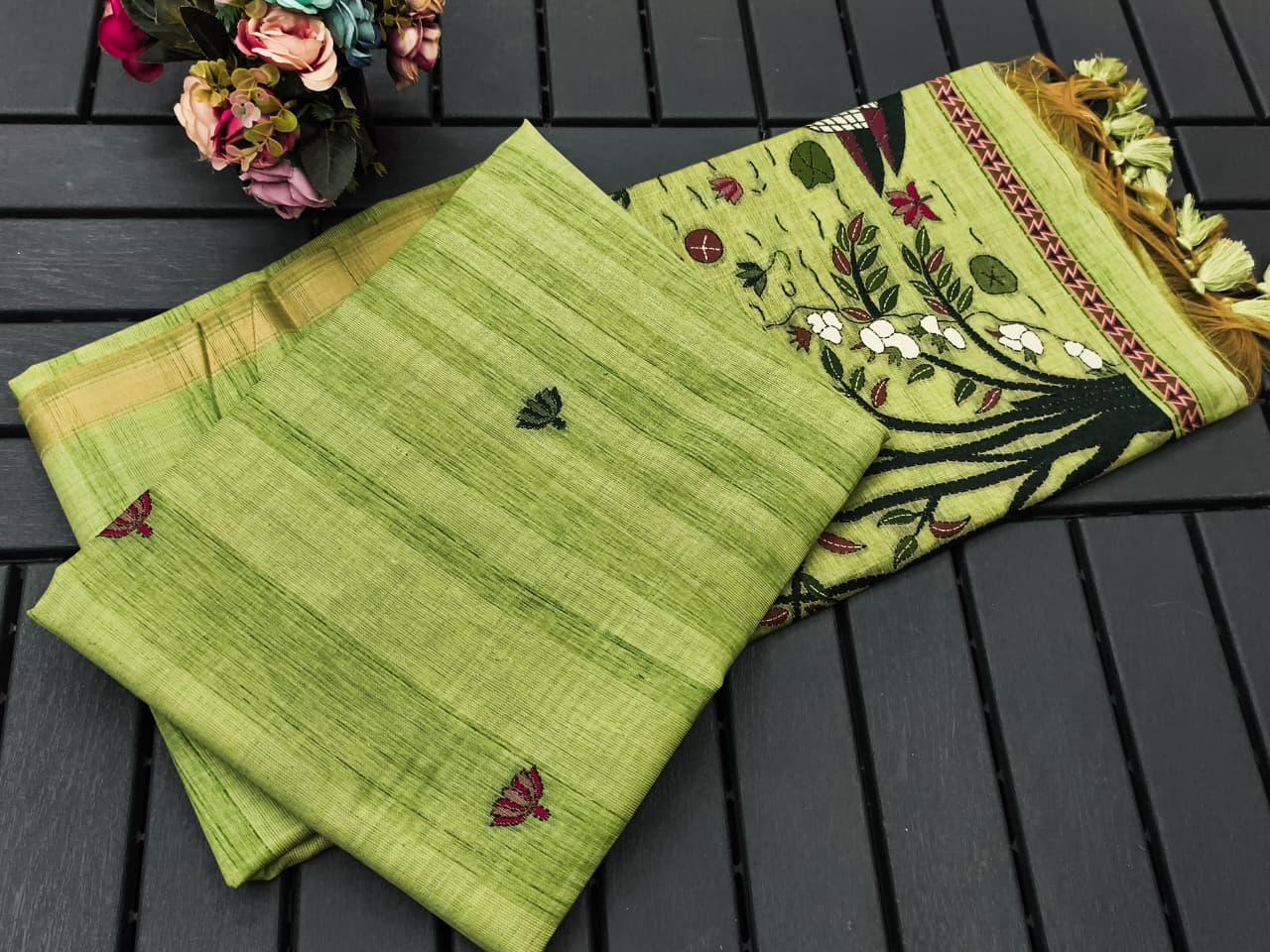 Pure Ghicha Cotton Saree with Traditional Pallu- PISTA