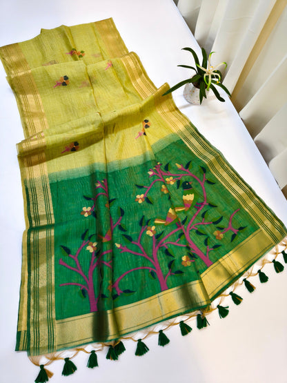 Muga Cotton Saree with Bird Motif With Contrast Blouse -PISTA
