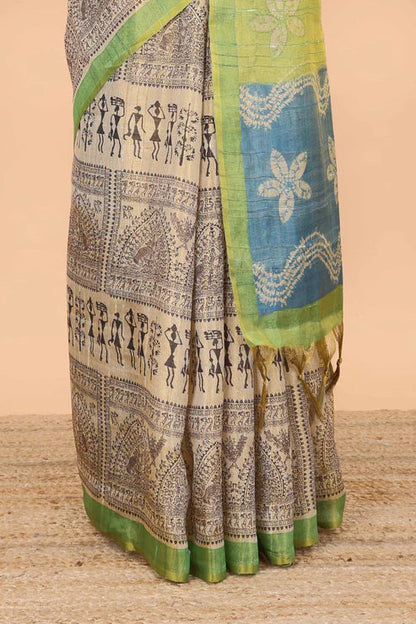 Tissue Tussar Zari Saree With Print Warli - MAHENDI-BLUE