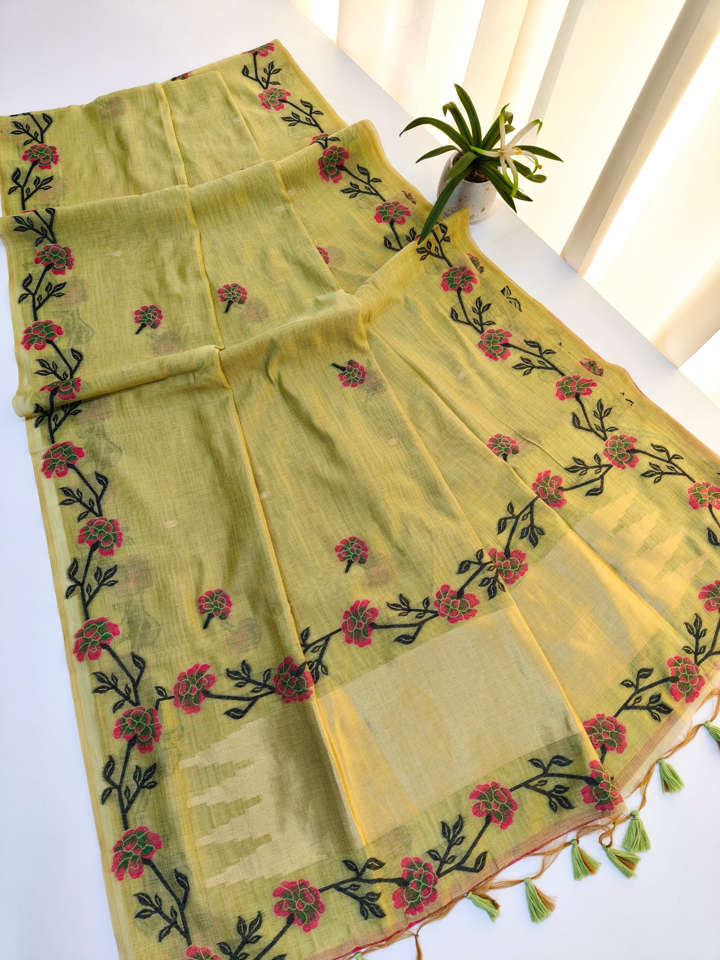 Pista Muga Cotton Saree | Floral Motif | Golden Zari Border | Ethnic Wear