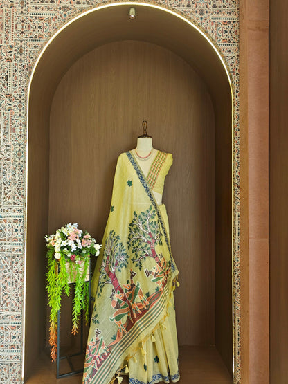 Classic Muga Cotton Saree with Unstitched Blouse and Artistic Border-PISTA