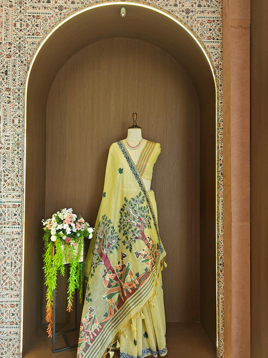 Classic Muga Cotton Saree with Unstitched Blouse and Artistic Border-PISTA