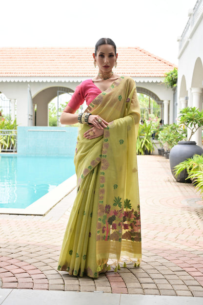 Premium Chanderi Cotton Handloom Saree- PISTA