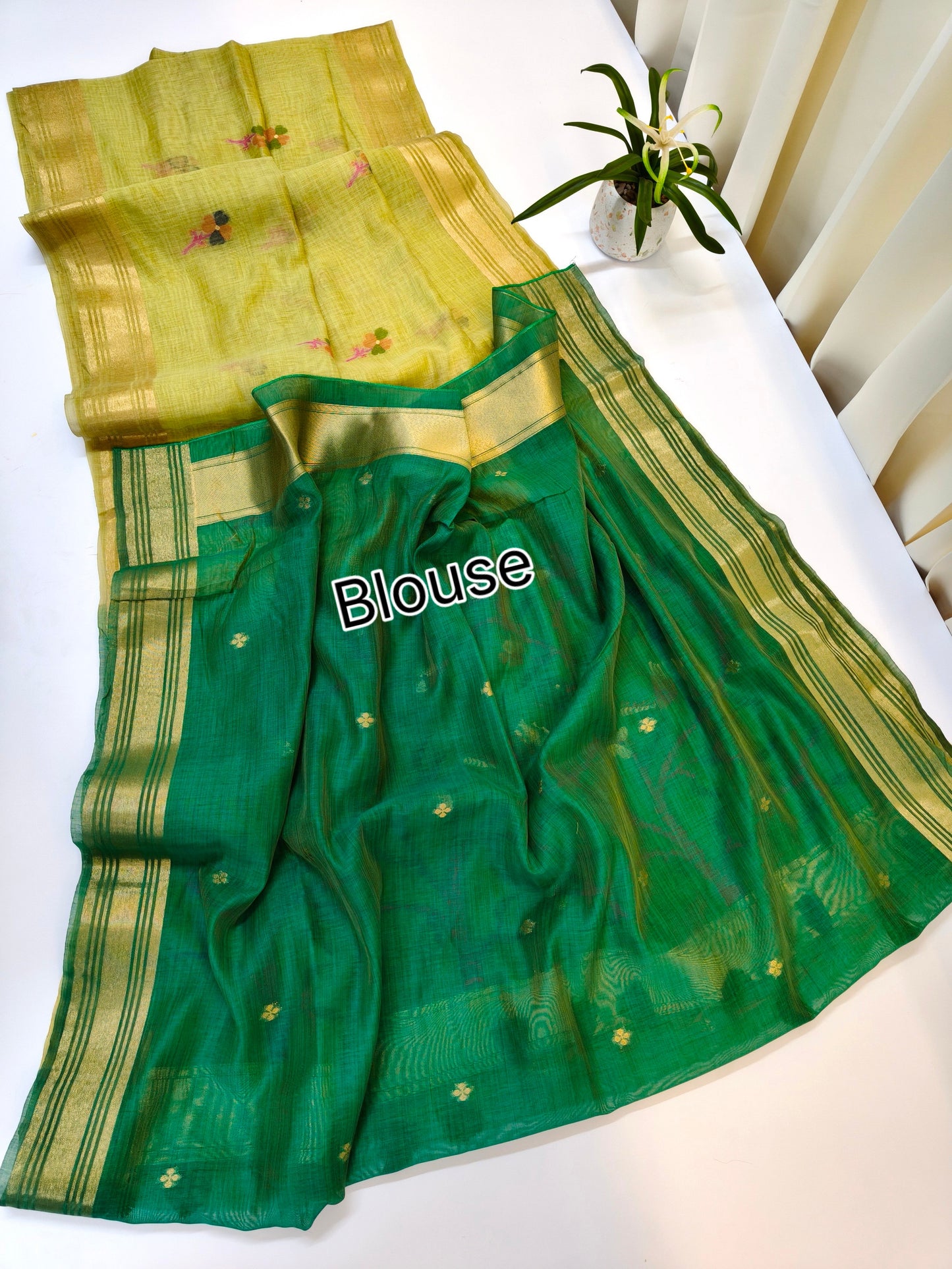 Muga Cotton Saree with Bird Motif With Contrast Blouse -PISTA
