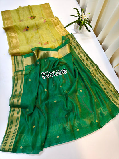 Muga Cotton Saree with Bird Motif With Contrast Blouse -PISTA