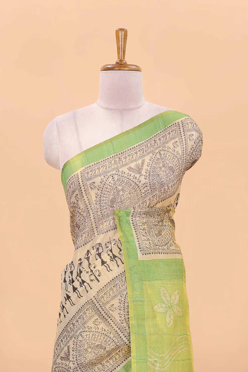 Tissue Tussar Zari Saree With Print Warli - MAHENDI-BLUE