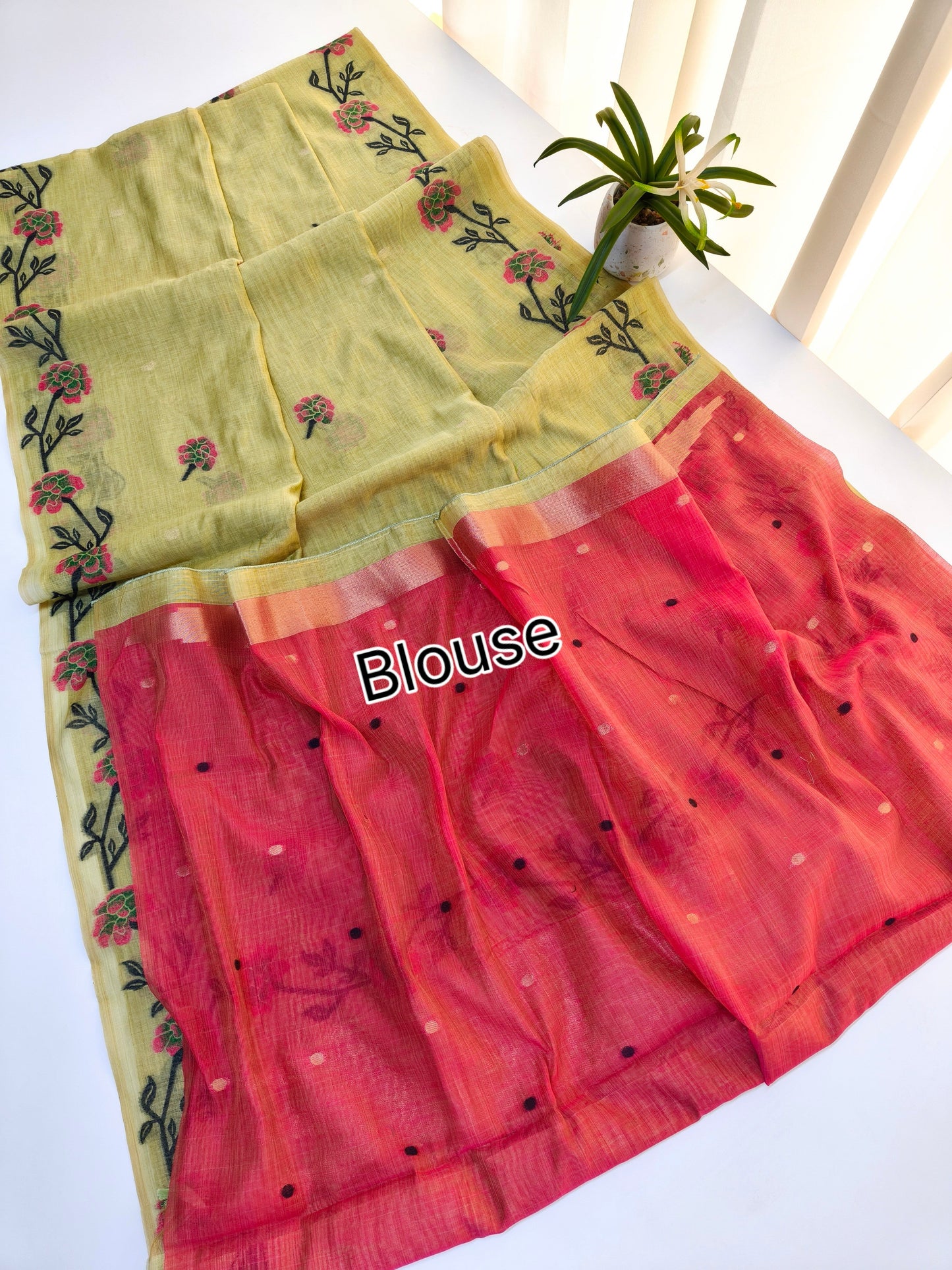 Pista Muga Cotton Saree | Floral Motif | Golden Zari Border | Ethnic Wear