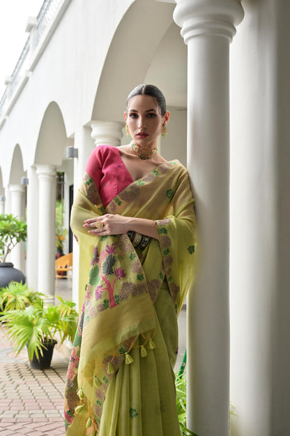 Premium Chanderi Cotton Handloom Saree- PISTA
