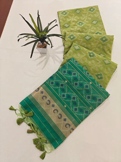 Raw Silk Ikkat Saree With Zari Woven Border-PISTA