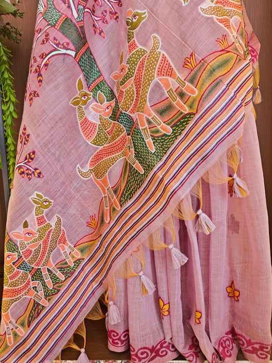 Classic Muga Cotton Saree with Unstitched Blouse and Artistic Border-PURPLE