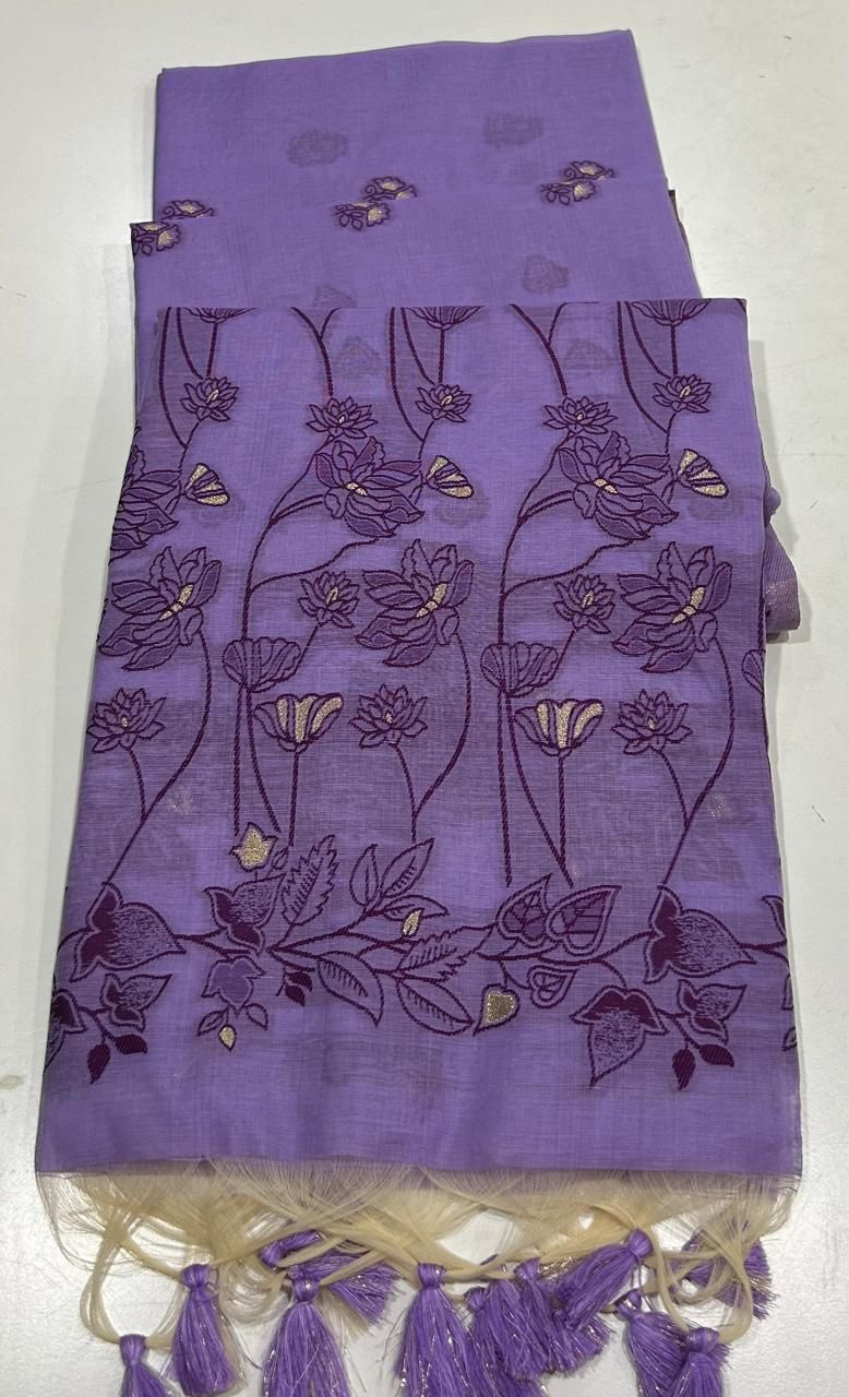 Handloom Chanderi Cotton Saree with Delicate Floral Motifs- PURPLE